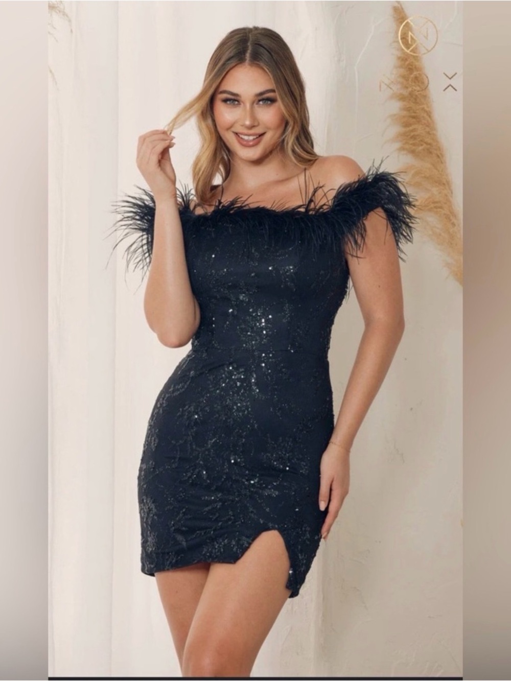 Heartley & Elyse Couture Black Sequin Feather Mini Dress Size 00